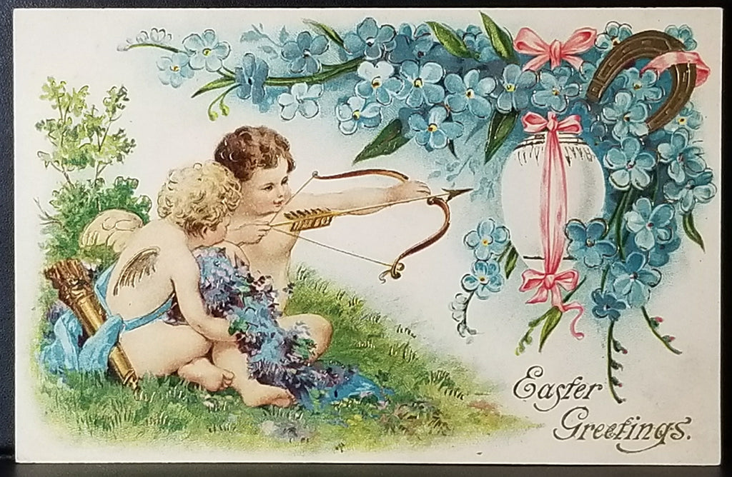 Easter Postcard Two Cherubs Shooting Arrow Through Ribbon Holding Egg