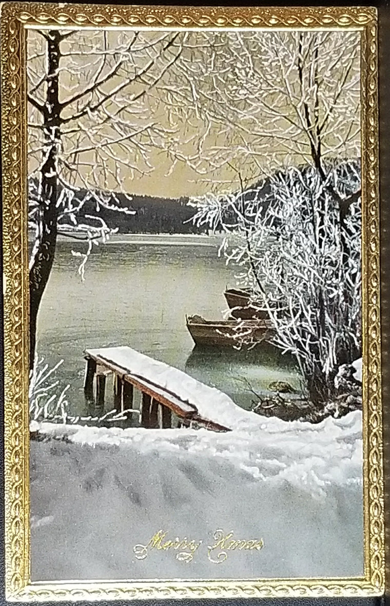 Christmas Postcard Gold Foil Framed Water Landscape with Pier & Boat Gel Finish 2559