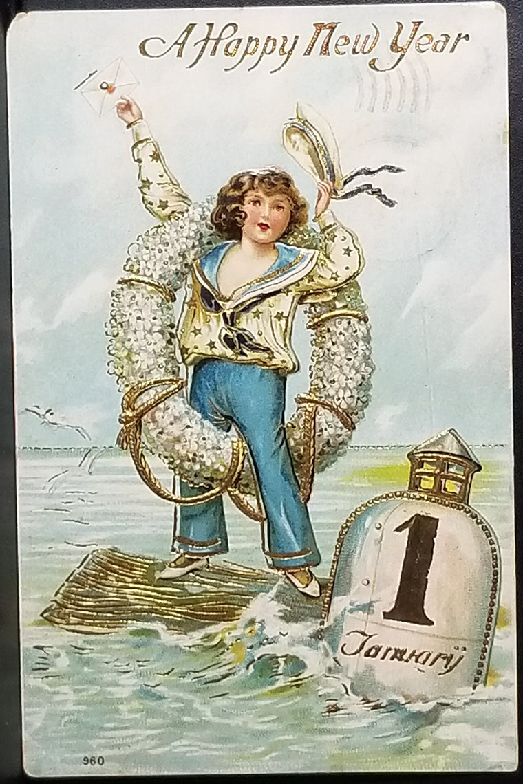New Year Postcard Young Boy Dressed in Sailor Suit on Water with Floating Buoy January 1st Germany