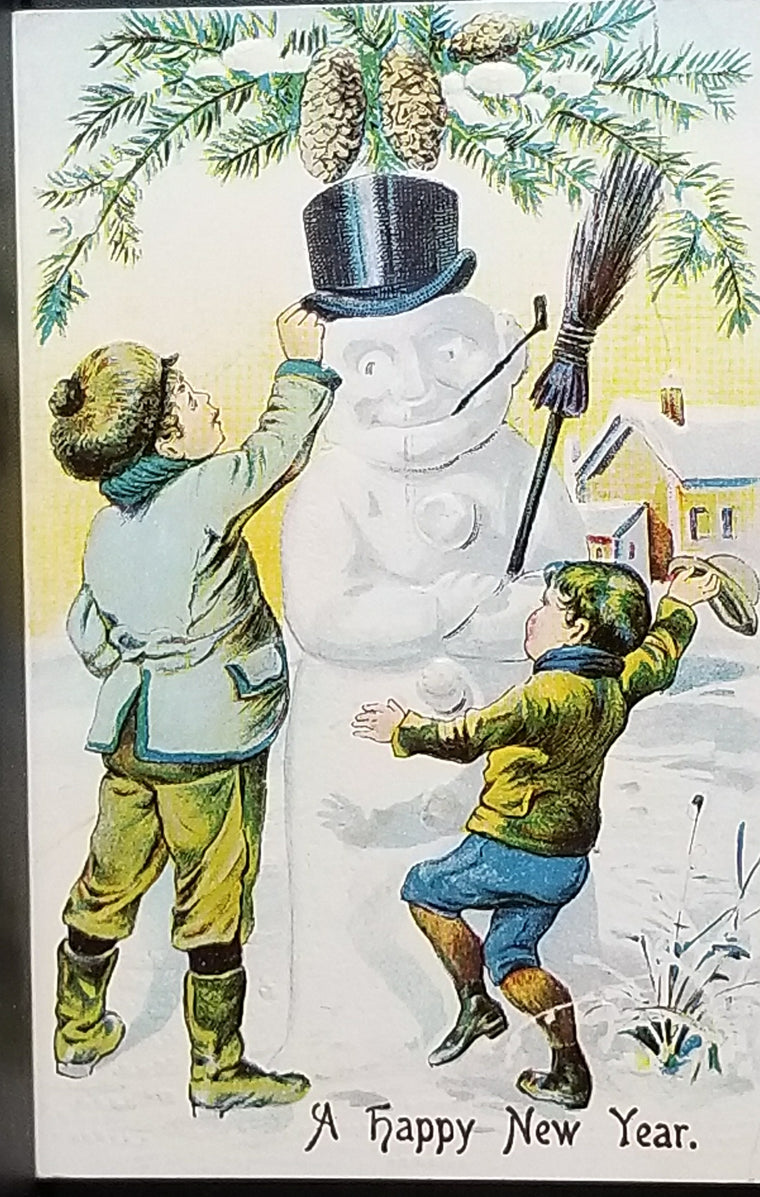 New Year Postcard Young Boys with Snowman in Top Hat Pine Cone Trim Series 16