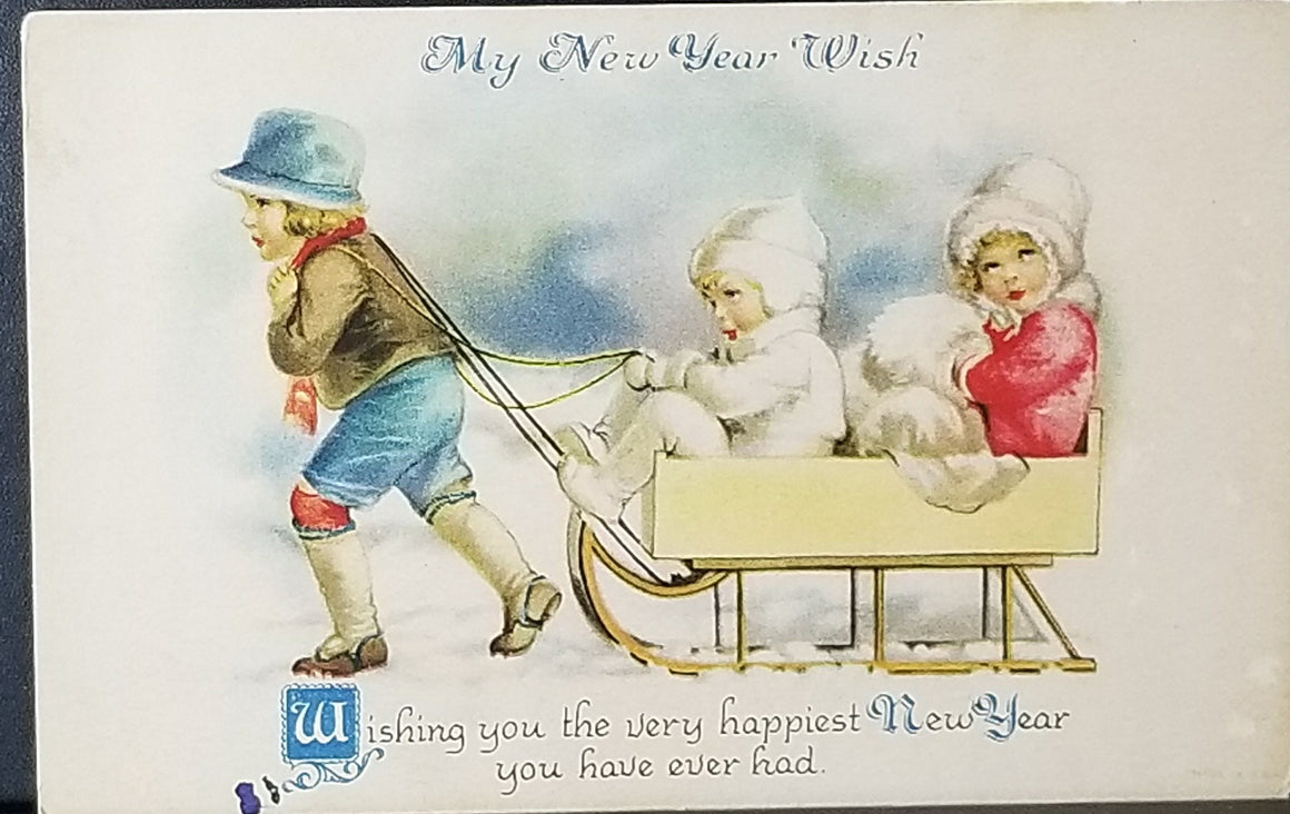 New Year Postcard Young Children Sledding Ellen Clapsaddle Wolf Publishing