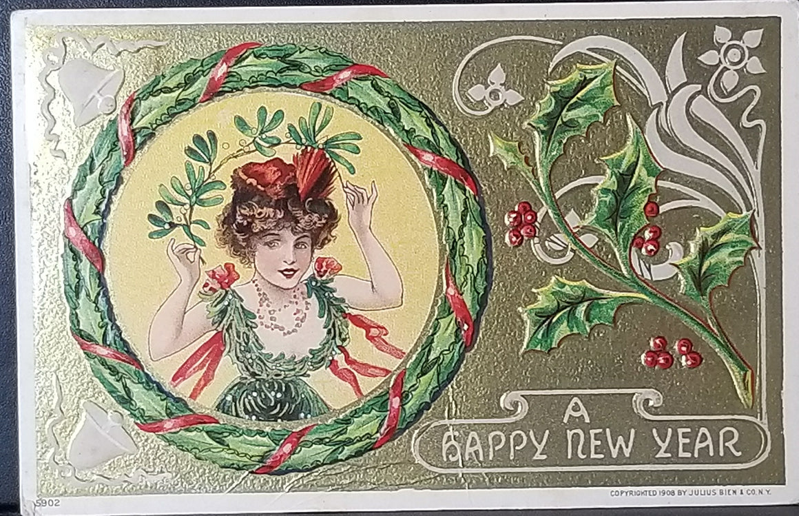 New Year Postcard Art Nouveau Dressed Woman in Holiday Gown Gold Background Julius Bien Series 590