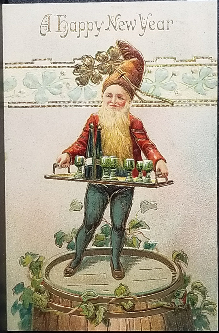 New Year Postcard Elf Gnome Holding Tray of Celebratory Cocktails Gold Embossed Germany
