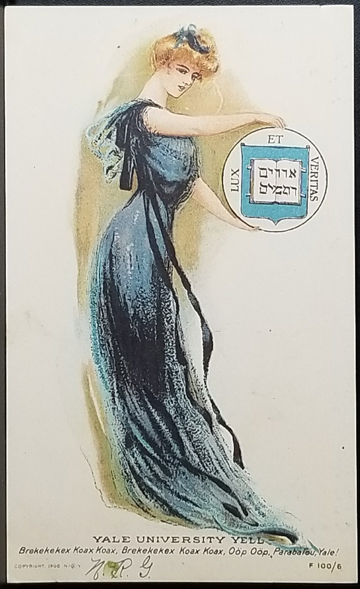 College Postcard Yale University Yell Brekekekex Koax Koax Edwardian Girl n School Colors Holding Seal Post Card 1906