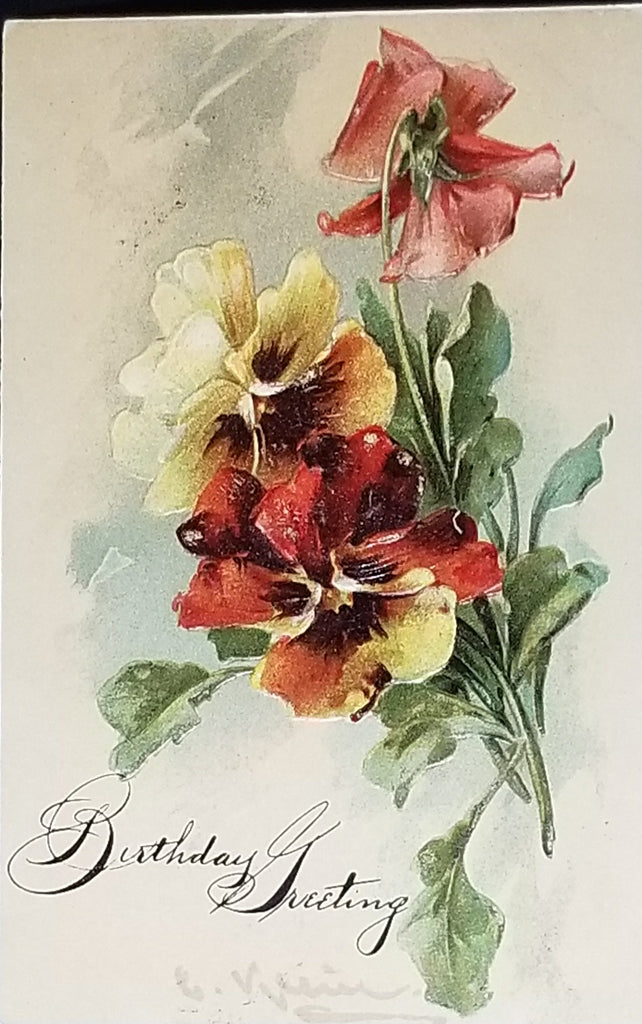 Artist Catherine Klein Flower Postcard Pansies Birthday Greetings Embossed Chromolithograph Botanical Card