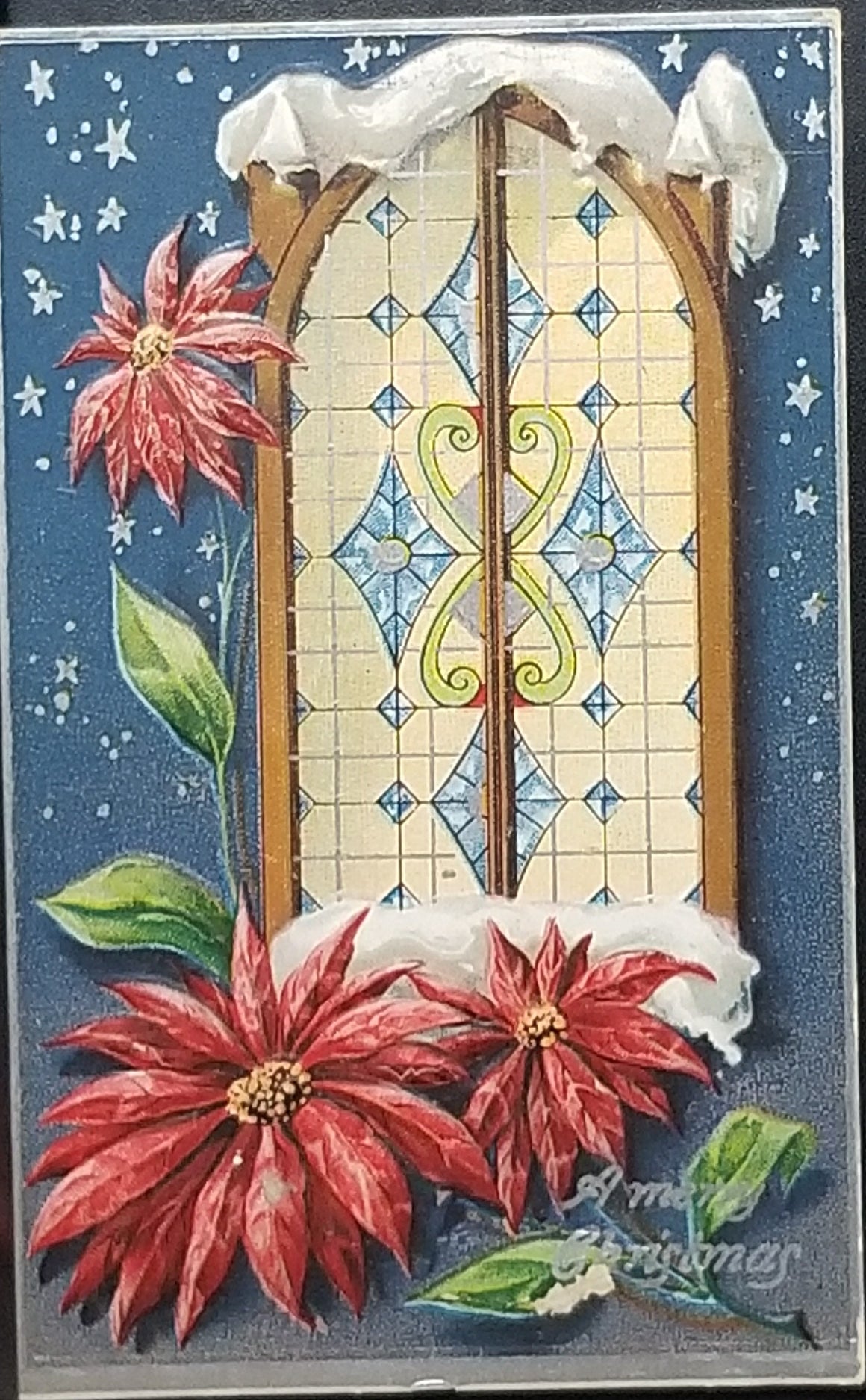 Christmas Postcard Snow Covered Poinsettias with Stained Glass Window