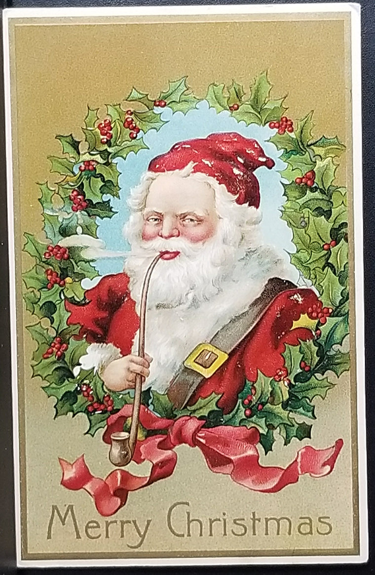 Christmas Postcard Santa Claus Smoking Pipe in Wreath Gold Background