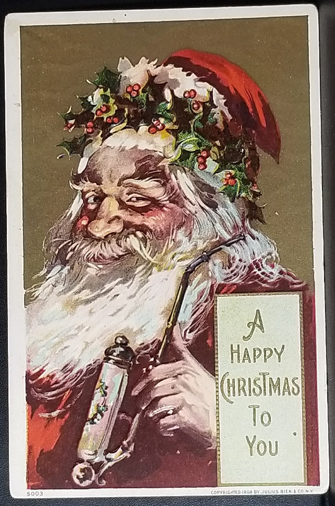Christmas Series 500 Postcard Santa Claus Smoking Pipe Gold Background Julius Bien Pub