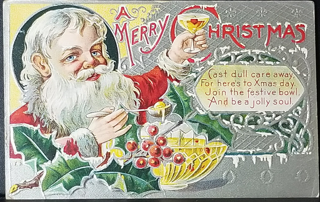 Christmas Postcard St Nicholas Series Santa Claus Toasting Glass Silver Embossed Background
