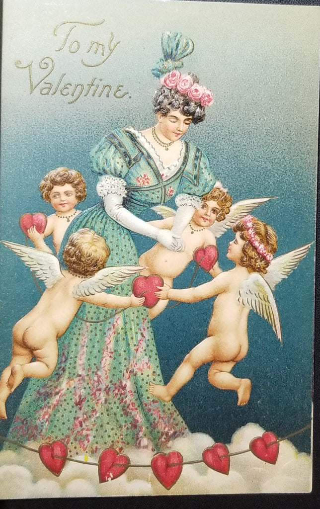 Valentine Postcard Woman in Victorian Gown Dancing with String of Cupids on Cloud with Hearts