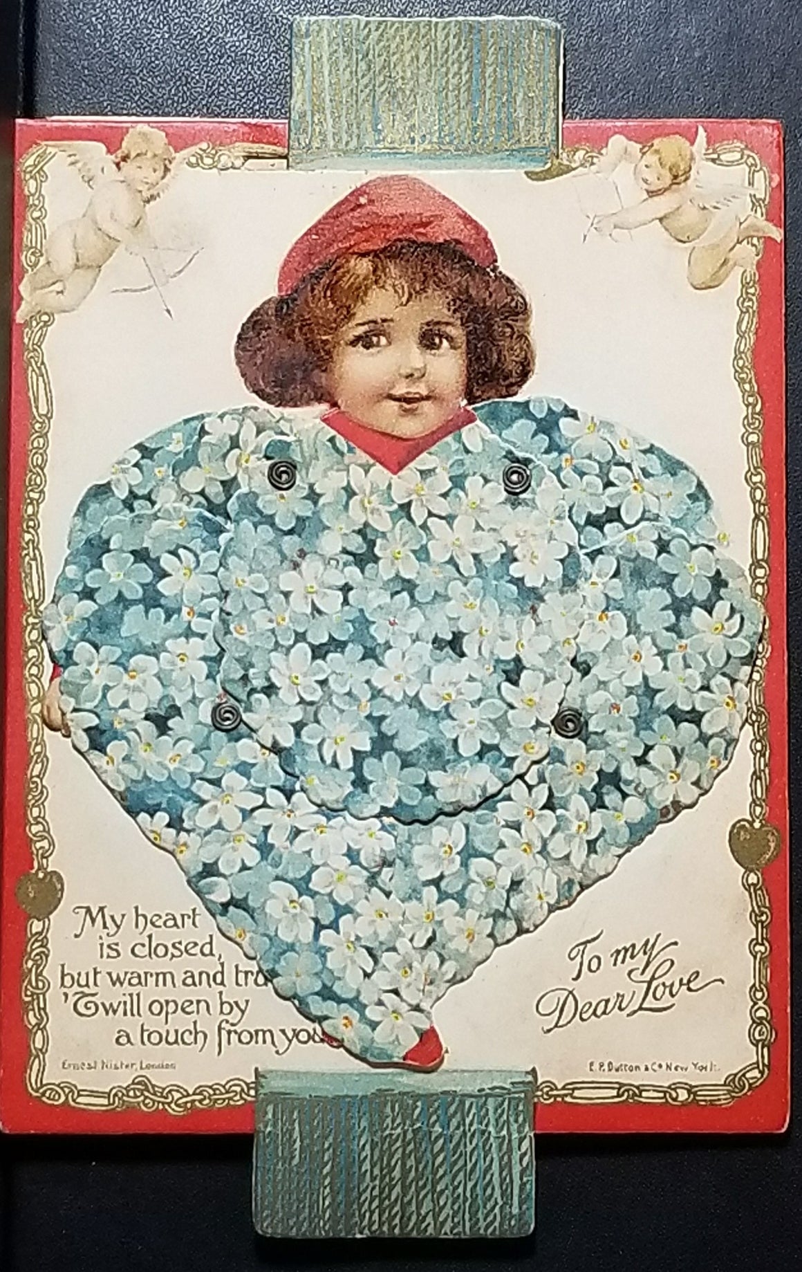 RARE Vintage Antique Mechanical Valentine Card Pull Tab Young Child in Flower Heart Arms Legs Emerge Ernest Nister Publishing No 887