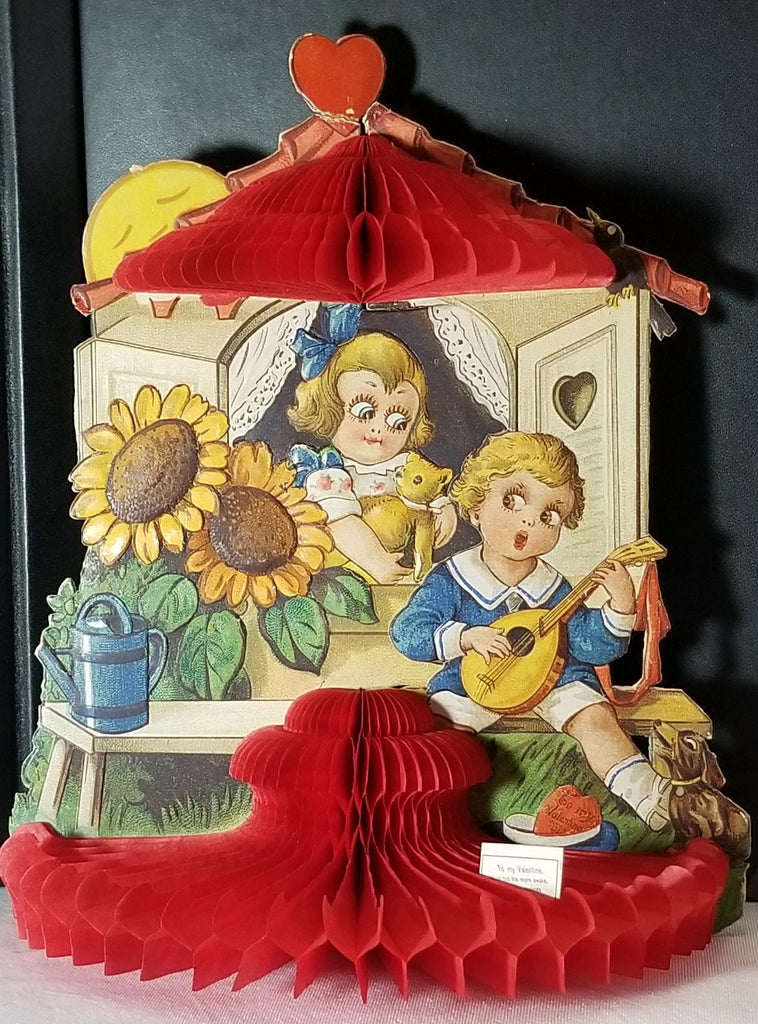Vintage Antique Artist Cloe Preston 3D Fold Out Honeycomb Card with Die Cut Boy & Pup Serenading Girl in Window