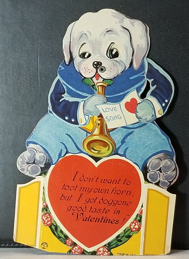 Vintage Antique Die Cut Valentine Card Mechanical Dog Dressed and Playing Horn