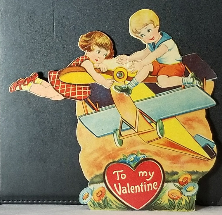 Vintage Antique Mechanical Valentine Card Boy Rescuing Girl in Airplane Germany