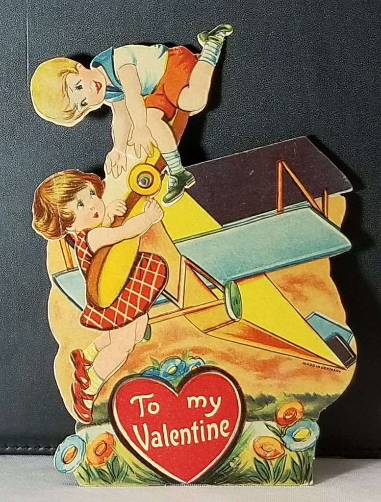 Vintage Antique Mechanical Valentine Card Boy Rescuing Girl in Airplane Germany