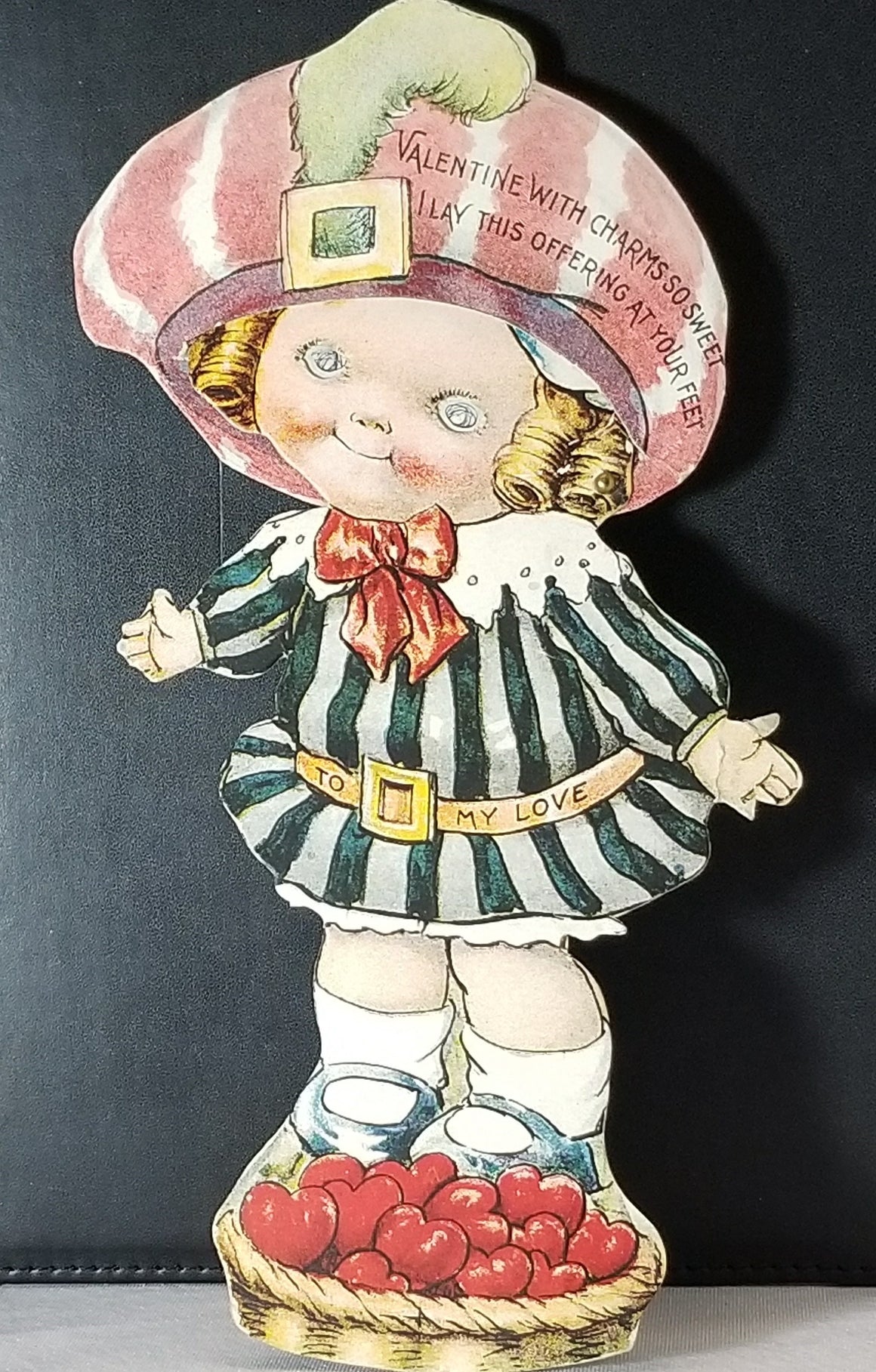 Vintage Antique Valentine Card Artist Grace Drayton Dolly Dingle Style Girl with Basket of Hearts