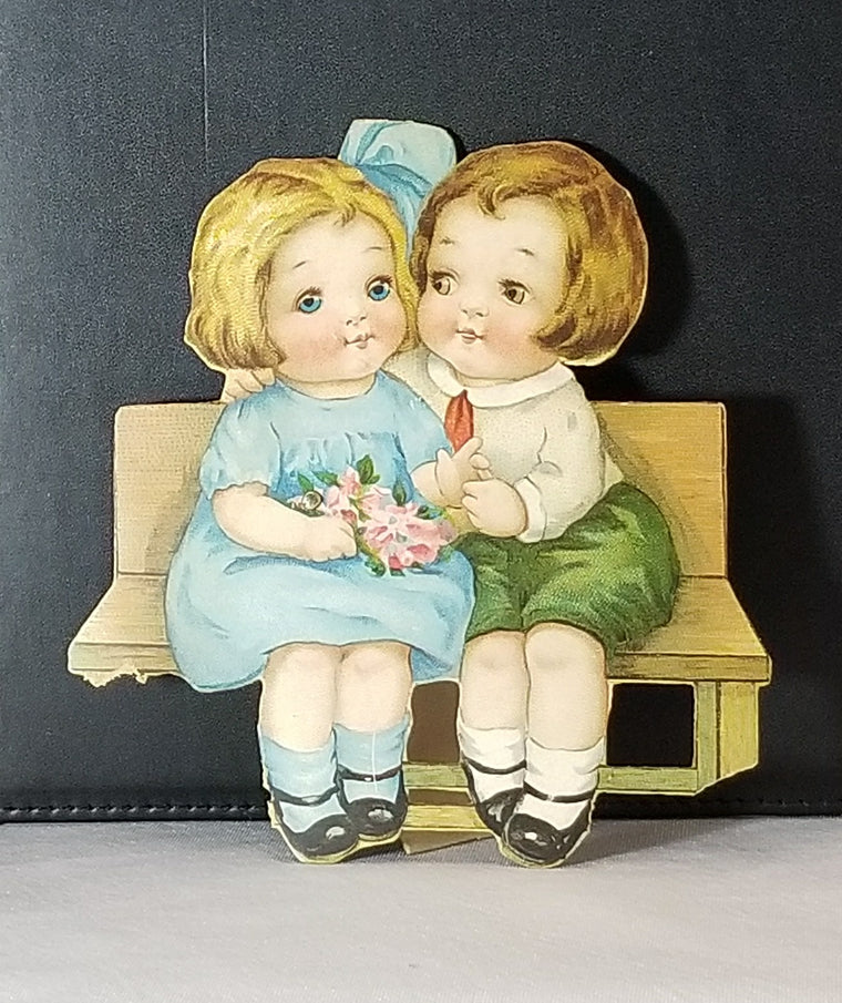 Vintage Antique Mechanical Valentine Card Children Seated on Bench Moving Eyes Artist Charles Twelvetrees