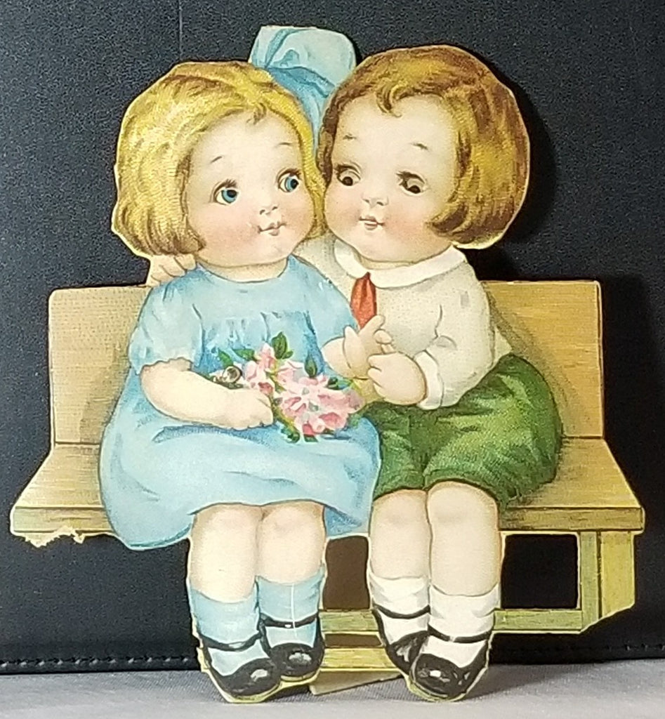 Vintage Antique Mechanical Valentine Card Children Seated on Bench Moving Eyes Artist Charles Twelvetrees