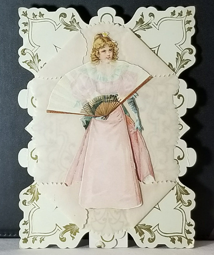 Vintage Antique Valentine Die Cut Heavy Embossed Cardstock Woman Holding Large Fan Starch Tissue Background