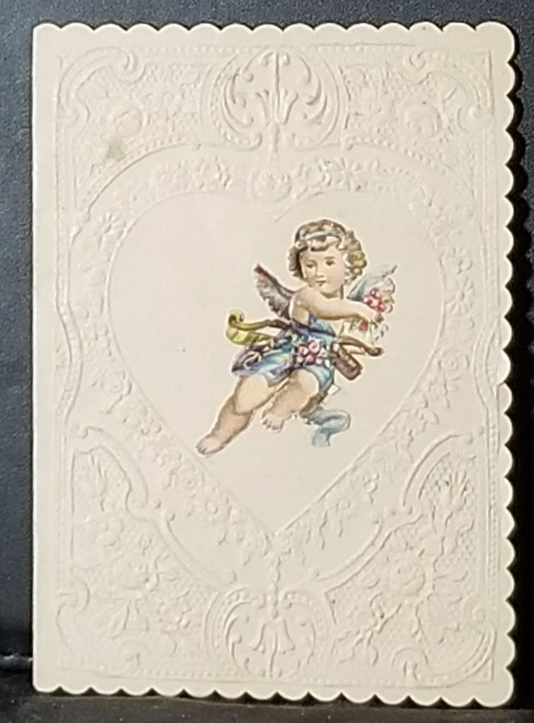Vintage Antique 1800s Valentine Card Embossed Paper Applied Die Cut Blue Chromolitho Interior Image