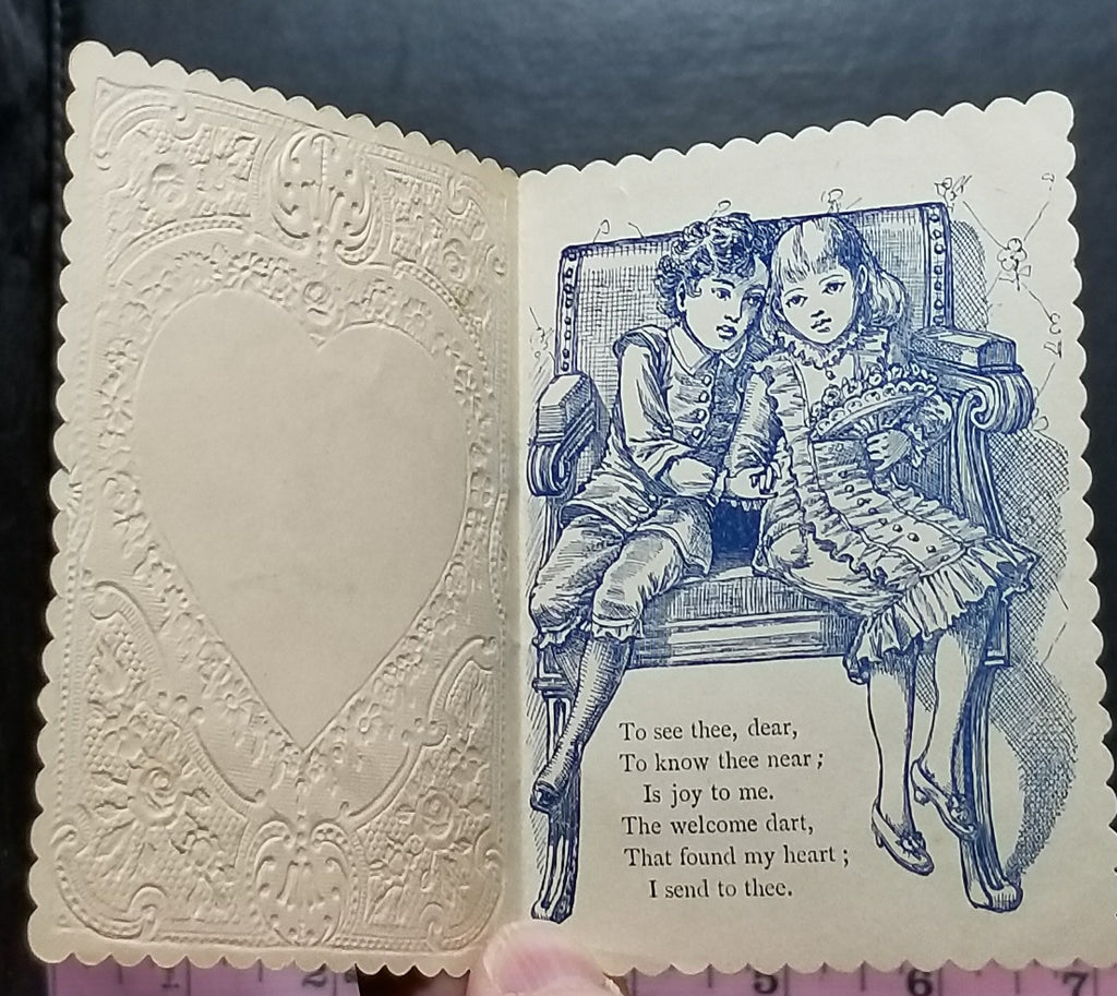 Vintage Antique 1800s Valentine Card Embossed Paper Applied Die Cut Blue Chromolitho Interior Image