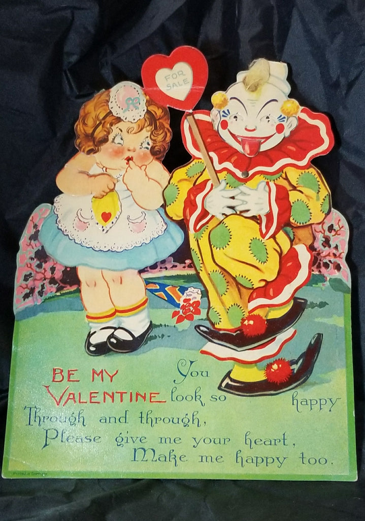Vintage Antique Mechanical Valentine Card Scary Creepy Clown with Little Girl Moving Eyes & Arm