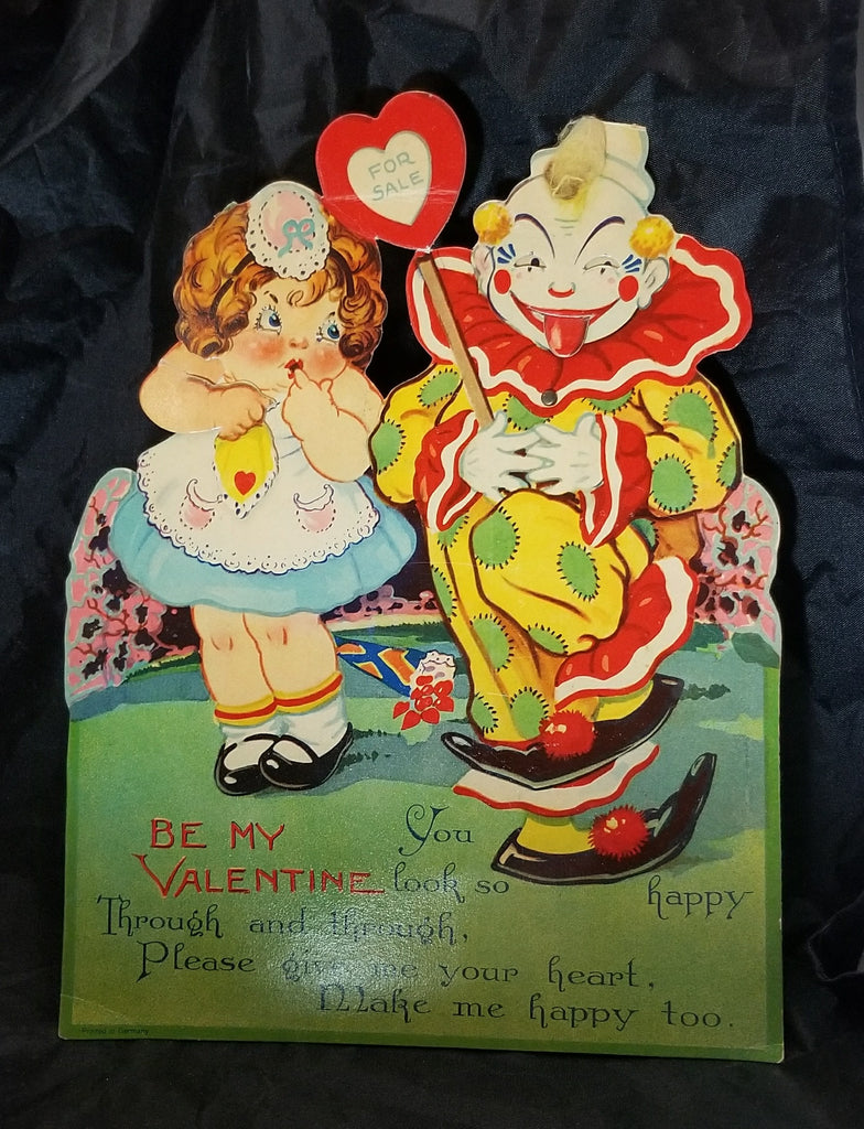 Vintage Antique Mechanical Valentine Card Scary Creepy Clown with Little Girl Moving Eyes & Arm