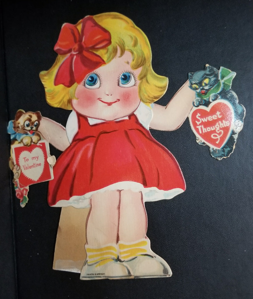 Vintage Antique Mechanical Valentine Card Little Girl Holding Puppy Dog and Black Kitten From Fighting