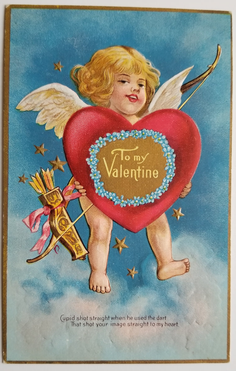 Valentine Postcard Series 1 Cupid Holding Heart Floating on Cloud