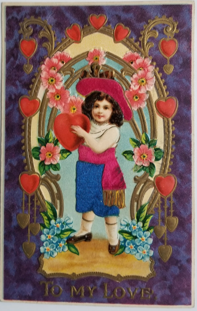 Valentine Postcard Child Holding Heart Wearing Silk Applied Clothes Embossed Card