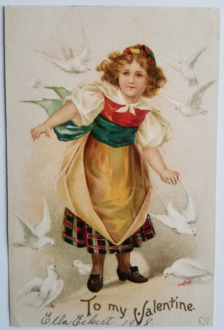 Valentine Postcard Artist Ellen Clapsaddle Girl with Doves IAP