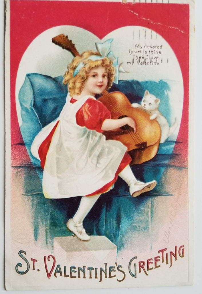 Valentine Postcard Little Girl Playing Guitar with White Kitten Series 600 Artist Ellen Clapsaddle IAP