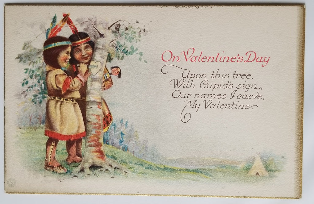 Valentine Postcard Native American Indian Children Carving Heart in Tree Series 921 Gold Trim
