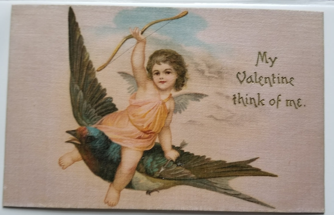 Valentine Postcard Cupid Flying on Bird Silk Fabric Type Card Winsch Pub.