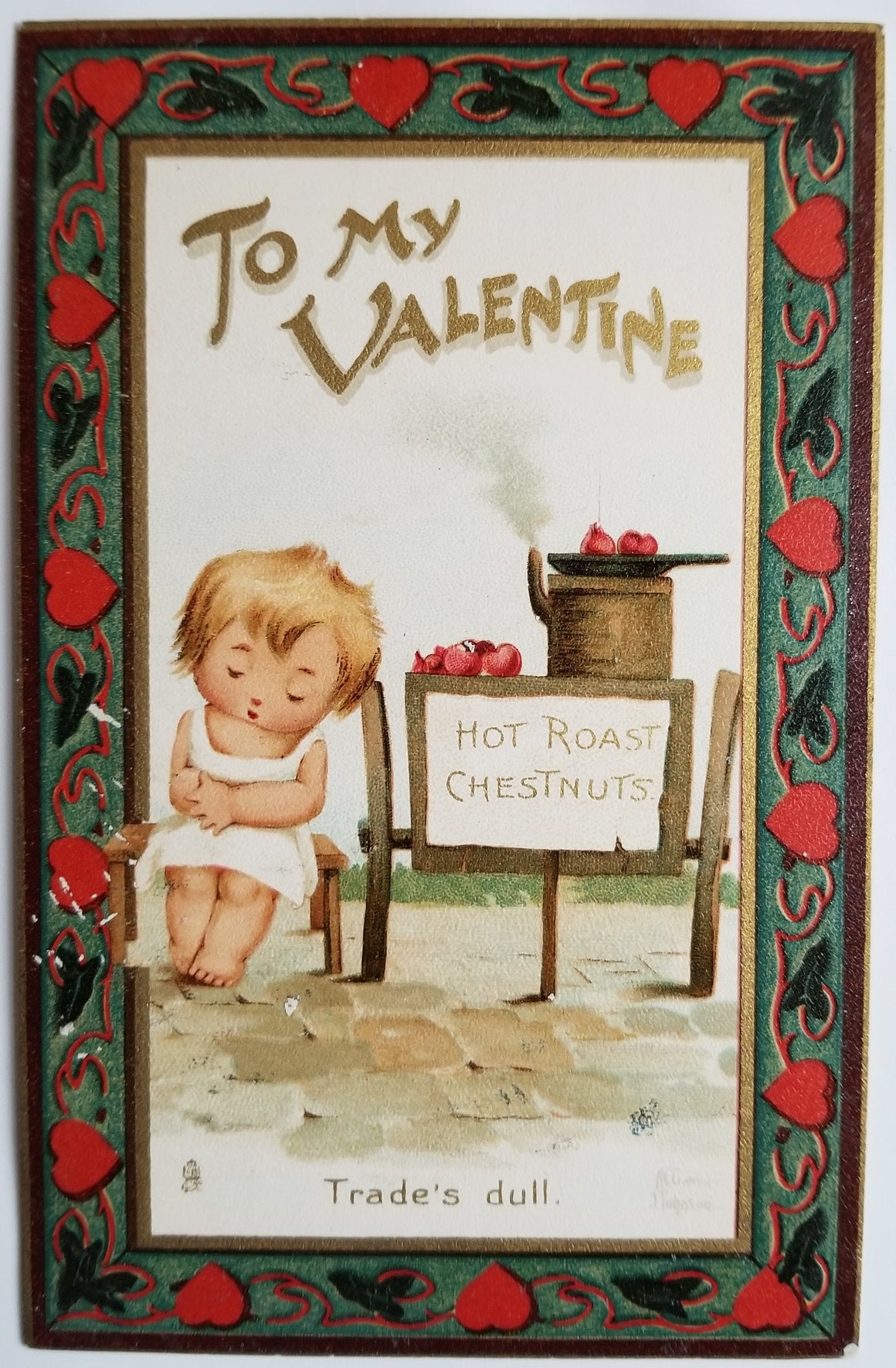 Valentine Postcard Roasting Chestnuts Heart Border Tuck Series 113 Artist Signed J. Johnson