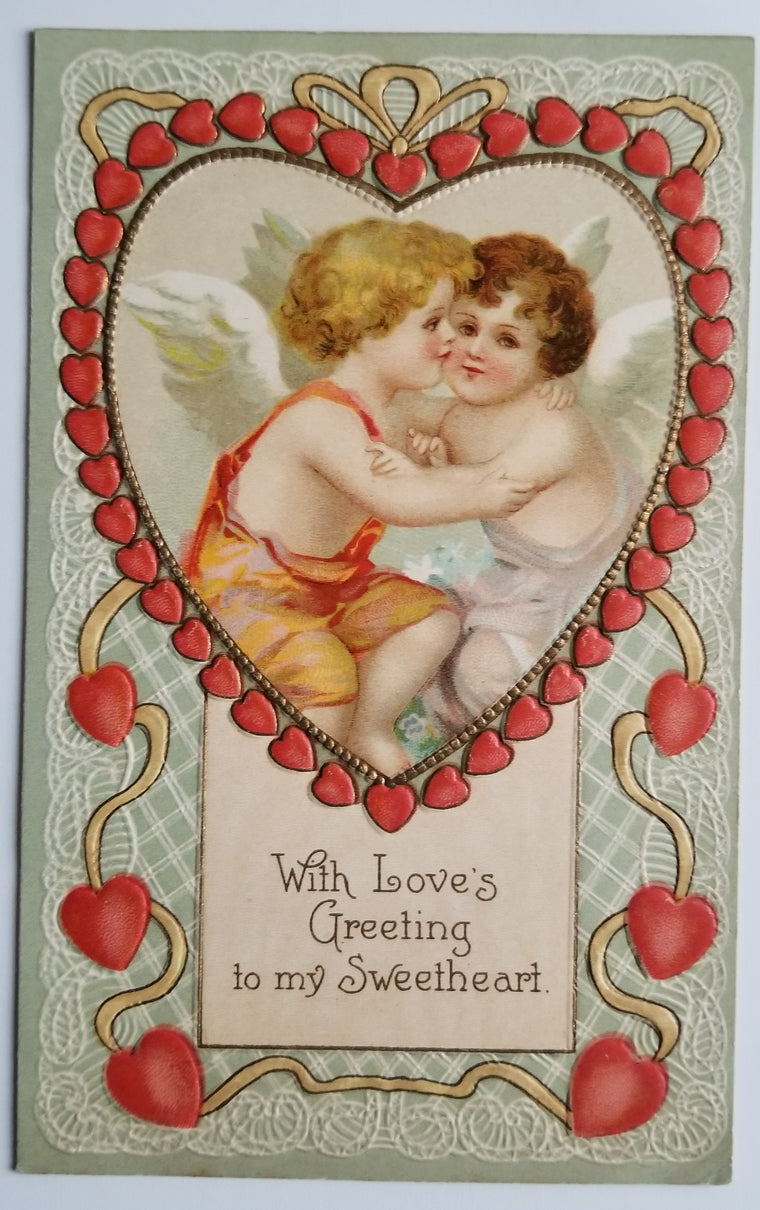 Valentine Postcard Hugging Cupids on Cloud in Embossed Heart