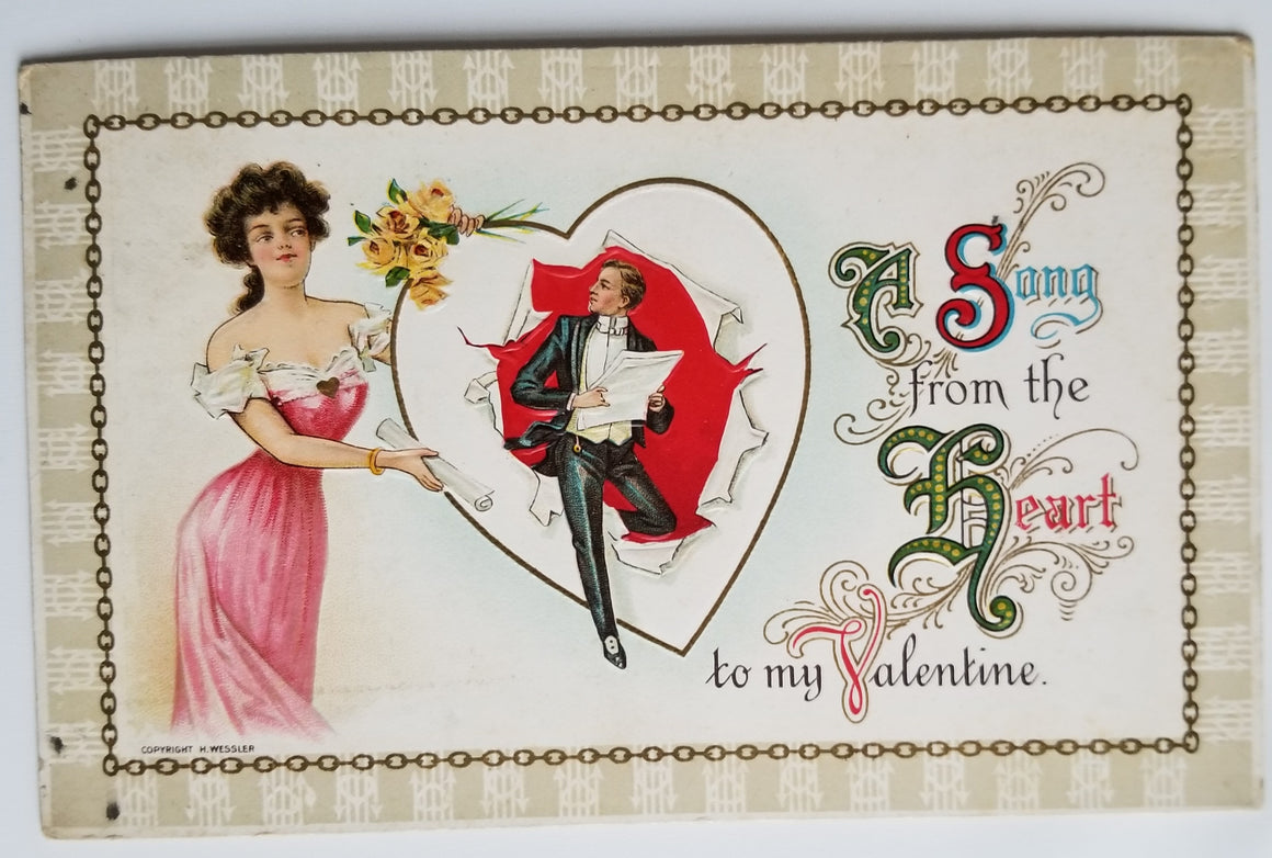 Valentine Postcard Woman Holding Heart with Man Popping Out Wessler Pub 523