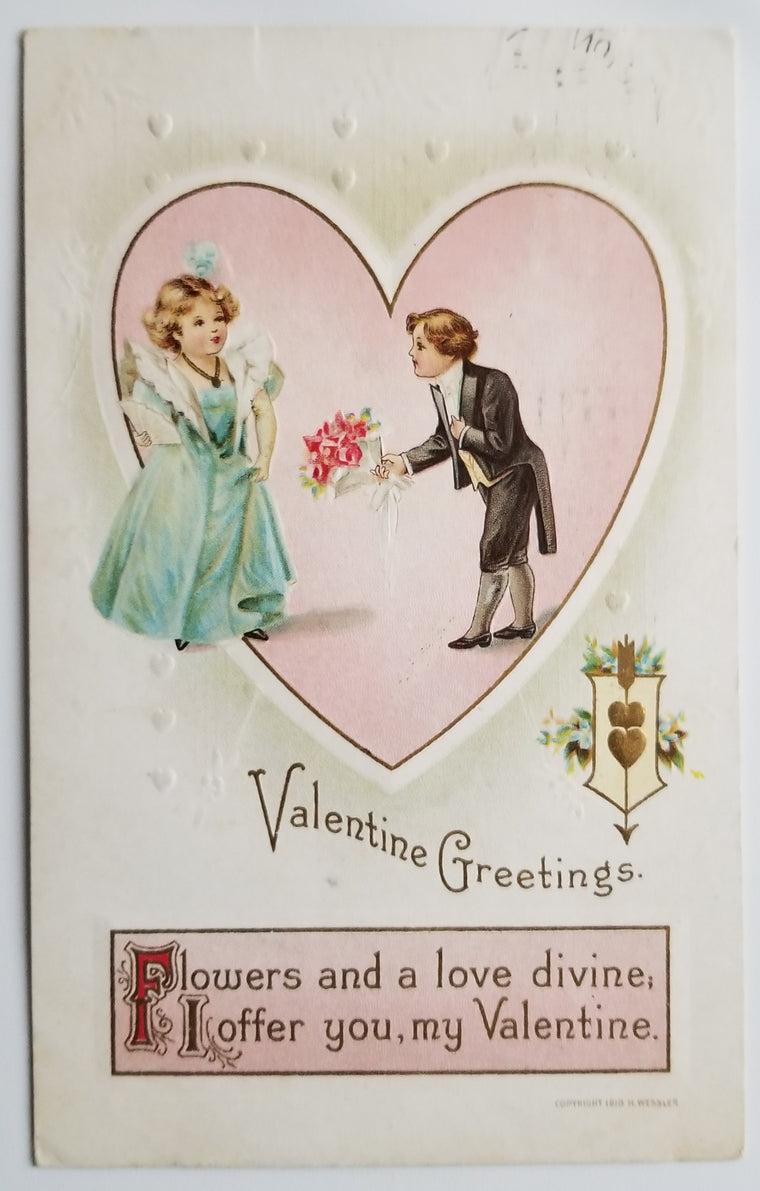 Valentine Postcard Embossed Gold Pink Hearts Courting Children Dressed Up Series 538 Wessler Pub.