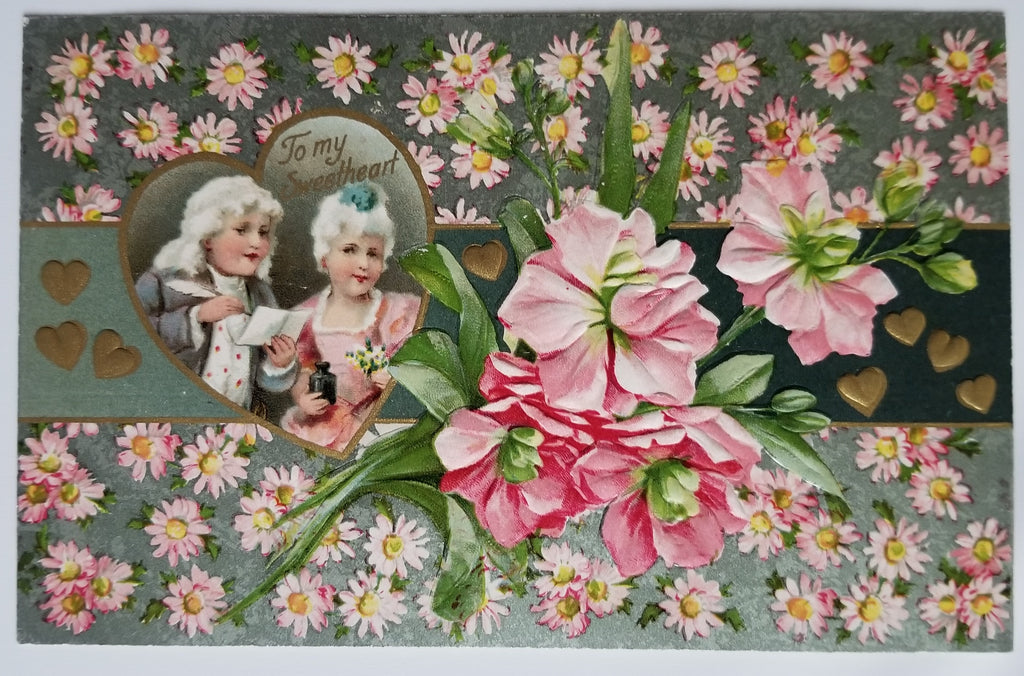 Valentine Postcard Couple Embossed Hearts & Flowers Winsch Pub.