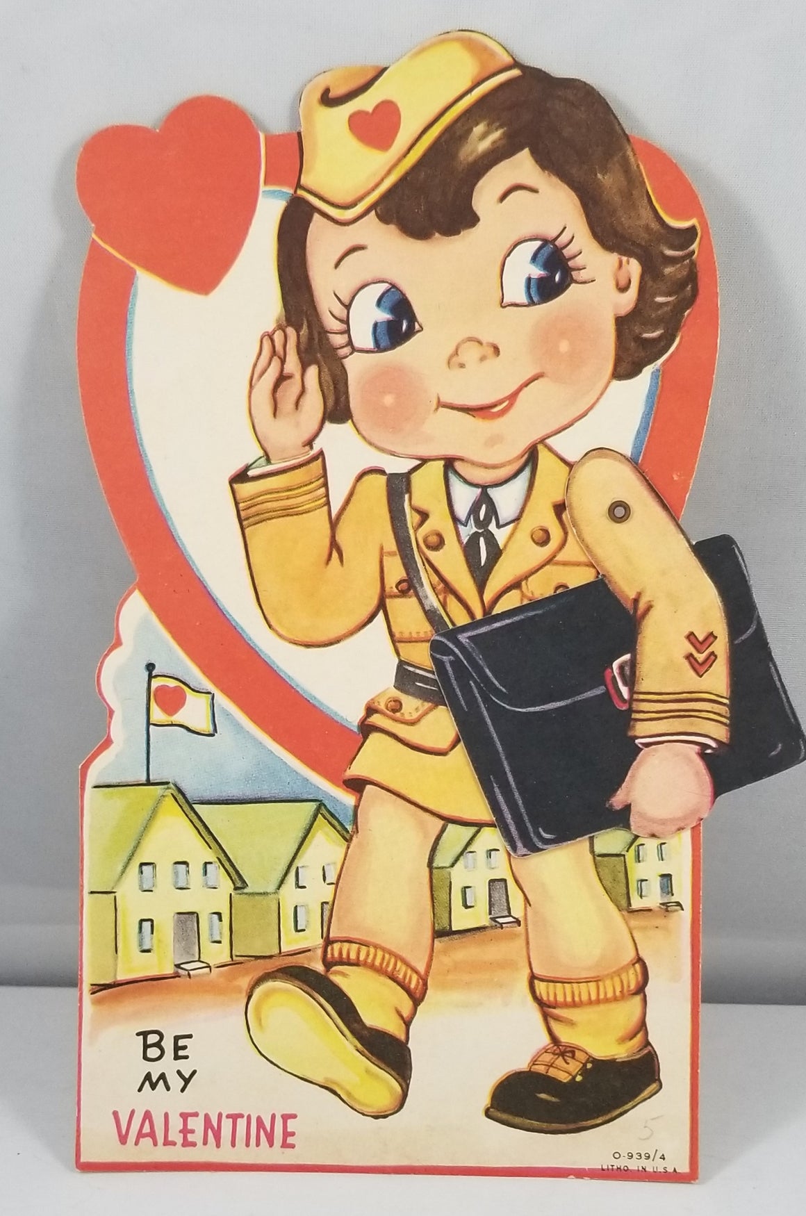 Vintage Antique Mechanical Valentine Card Young Girl in Army Dress Carrying Case at Barrick's Arm Swings