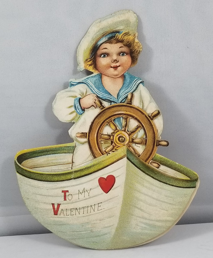 RARE Vintage Antique Die Cut Mechanical Valentine Card Little boy in Sailor Suit Turning the Helm of Boat