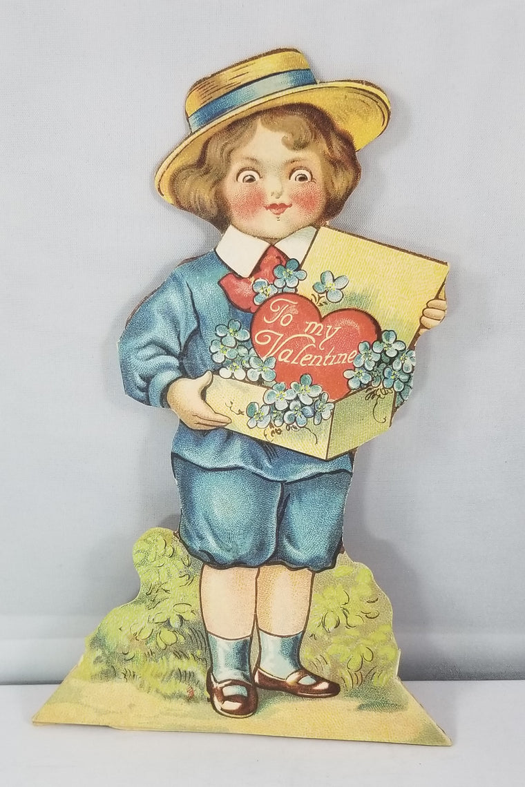 Vintage Antique Valentine Card Die Cut Little Boy Holding Box of Flowers & Heart
