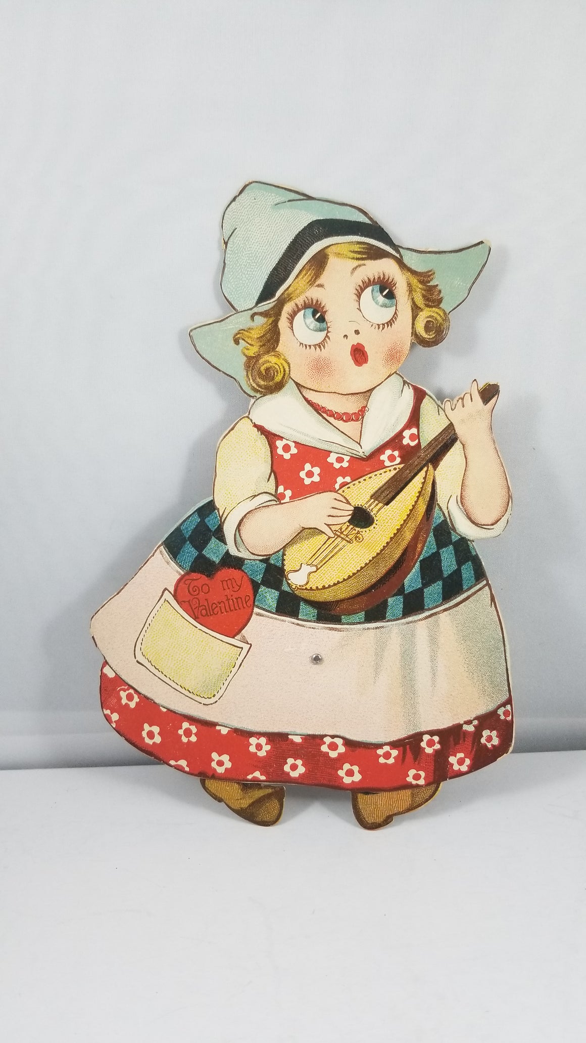 Vintage Antique Mechanical Valentine Card Walker Girl in Dutch Dress Playing Mandolin Larger Size Artist Chloe Preston