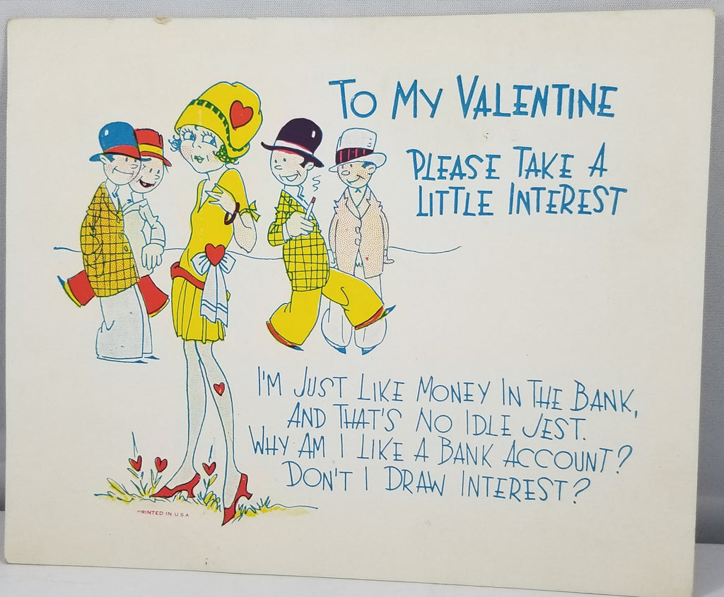 1930s Vintage Valentine Card Men with Vampy Flapper Girl in Yellow Dress Comical Style Possibly Outcault Drawing