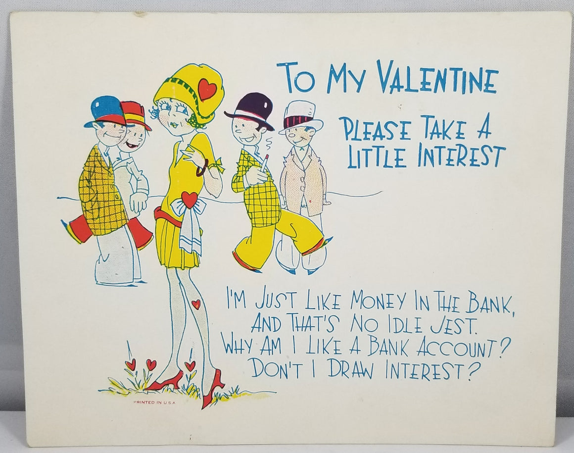 1930s Vintage Valentine Card Men with Vampy Flapper Girl in Yellow Dress Comical Style Possibly Outcault Drawing
