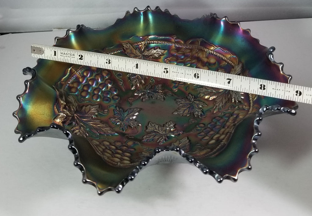 Antique Northwood Carnival Glass Grape & Cable Amethyst Ruffle Bowl