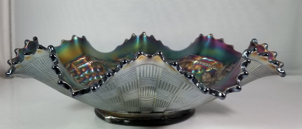 Antique Northwood Carnival Glass Grape & Cable Amethyst Ruffle Bowl
