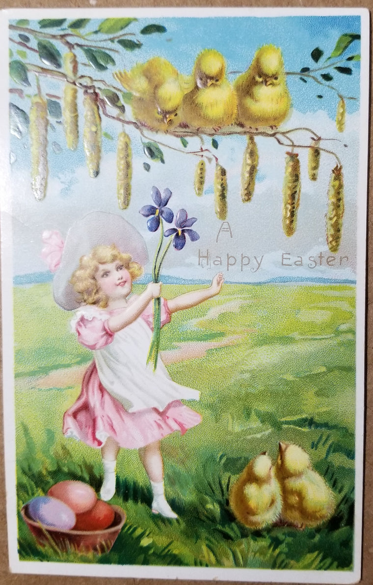 Easter Postcard Little Girl with Painted Eggs and Baby Chicks Raphael Tuck Publishing
