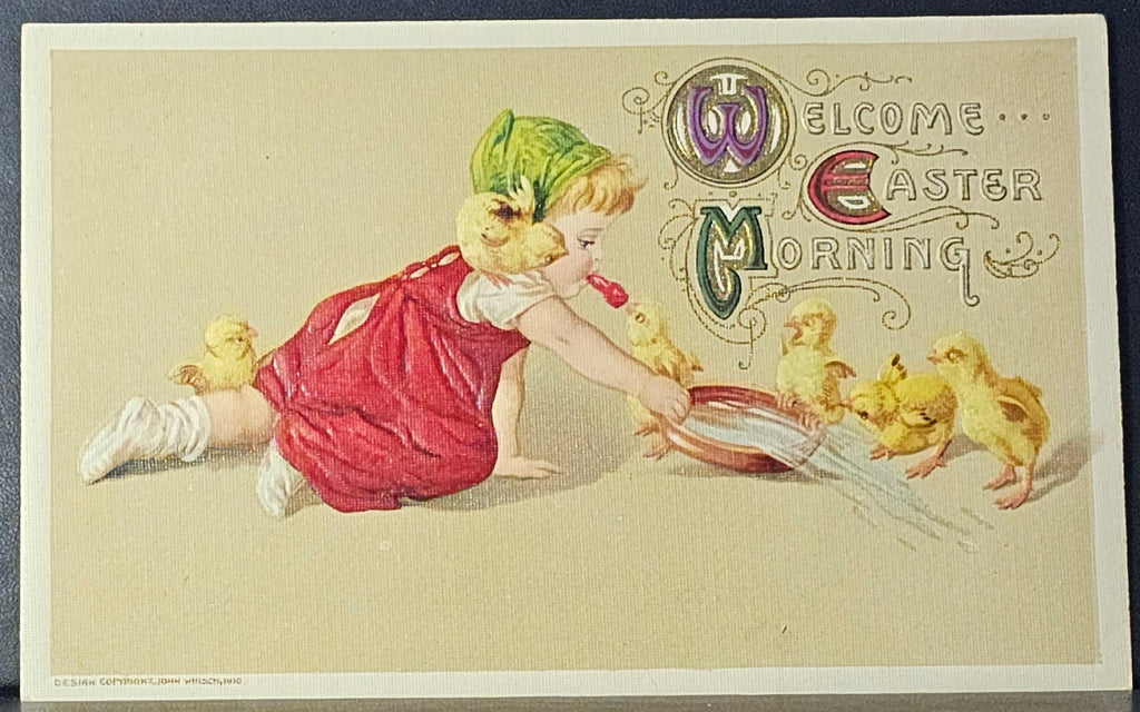 Easter Postcard John Winsch Publishing Little Girl Playing with Baby Chicks