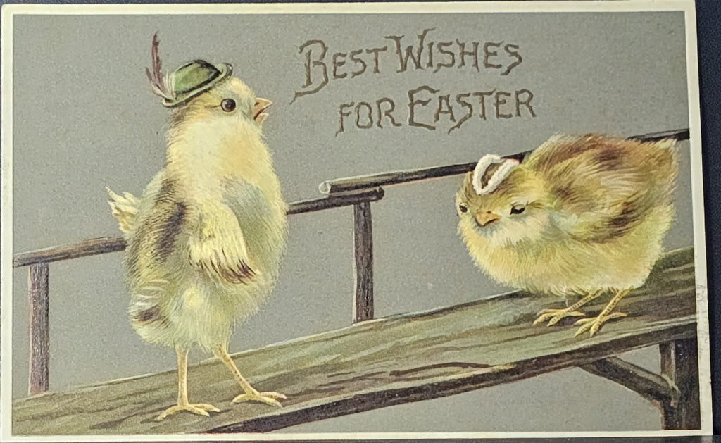 Easter Postcard Baby Chicks Anthropomorphic Dressed in Hats